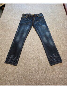 Grindhouse Denim Men’s Distressed Dark Wash Orange Stitch Straight Jeans 36X34